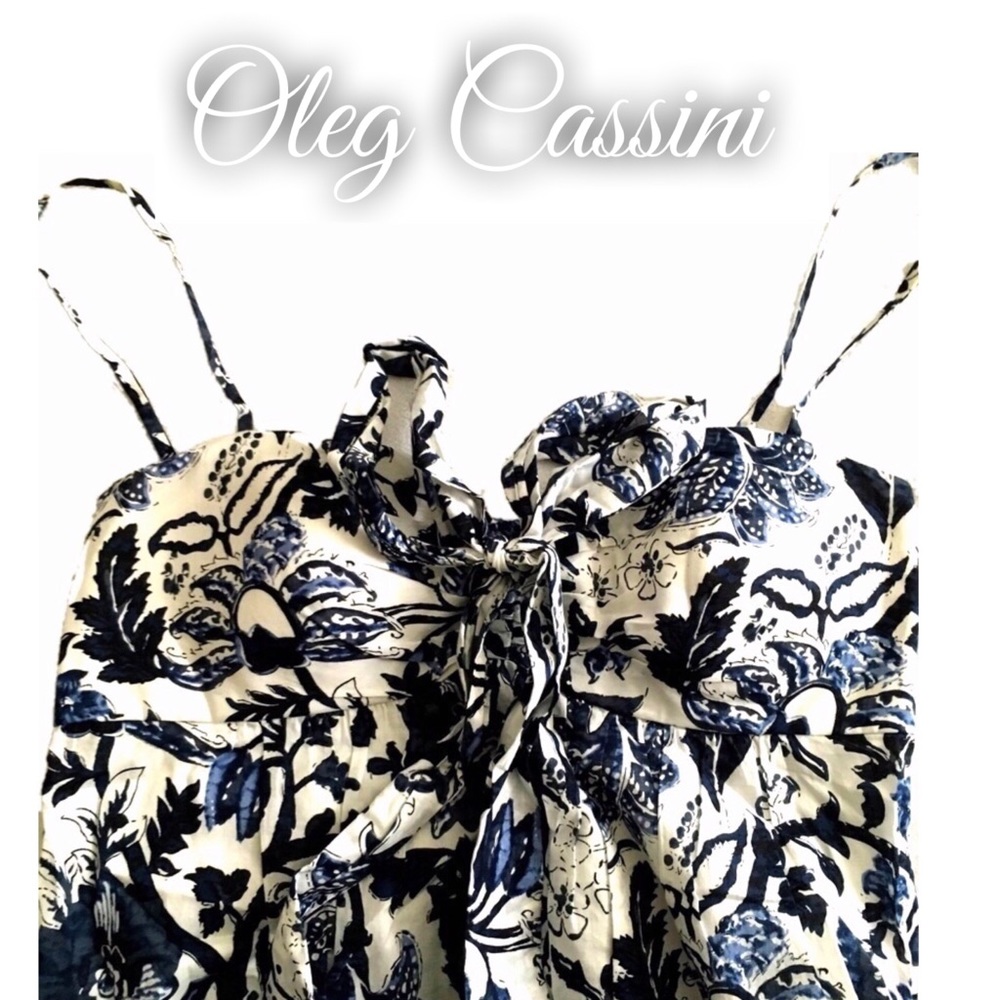 Oleg Cassini Blue Floral Empire Dress w/ Pockets